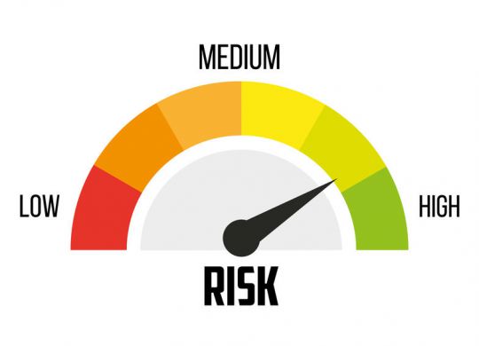 Risk concept on speedometer. Vector icon